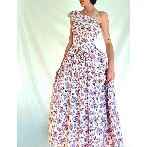 Beau Time Dresses & Skirts - Vtg 1940s Novelty Print Cotton Formal Gown: One Shoulder Floral Maxi Dress S/M